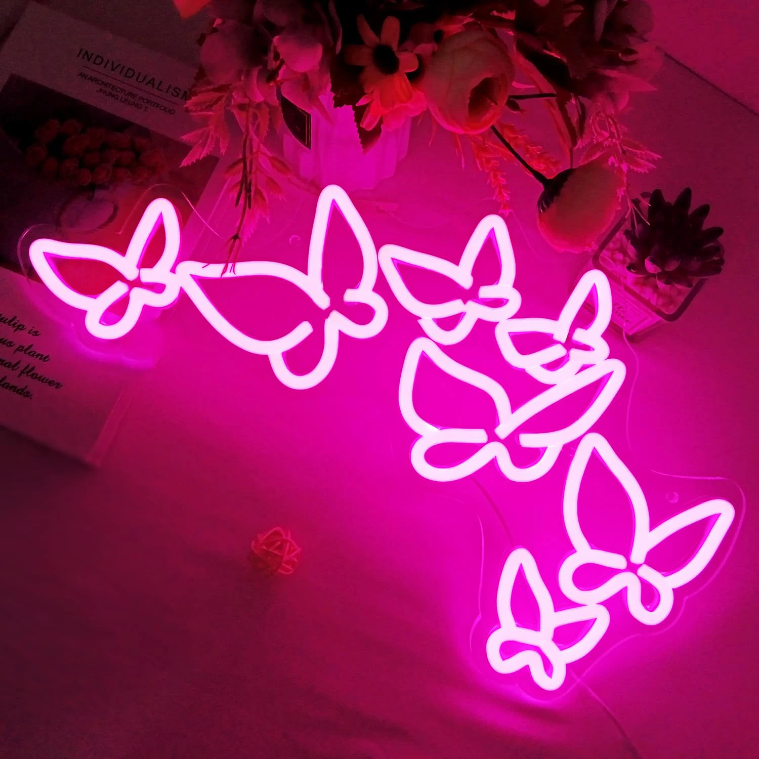 Butterfly Neon Sign, Pink Aesthetic Wall Decoration Adjustable LED Neon Light Signs, Girls Room, Bedroom, Bar, Party