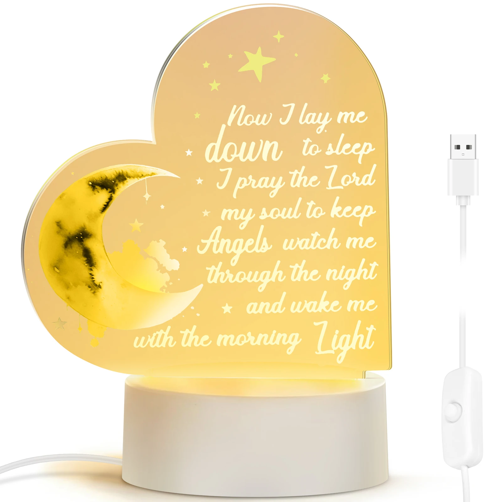 1Pc Nursery Night Light Dimmable Baptism Night Light Heart Shaped Acrylic Prayer Lamp USB Powered Nightlight for Home Decoration