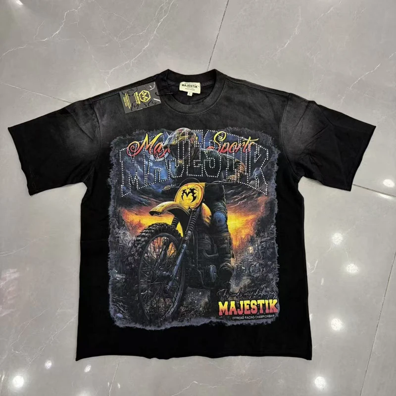 New MAJESTIK Unisex T-Shirt Offroad Motocross Vintage Print Rhinestone Short Sleeve Streetwear Tee