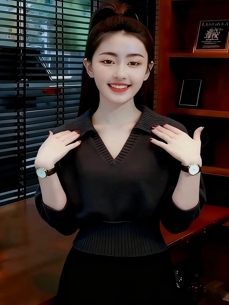 

Ele V-Ne Knitted Sweater Women's Faion Slimming Top for Autumn Winter Comfortable Breathable Loose Fit Long Sve