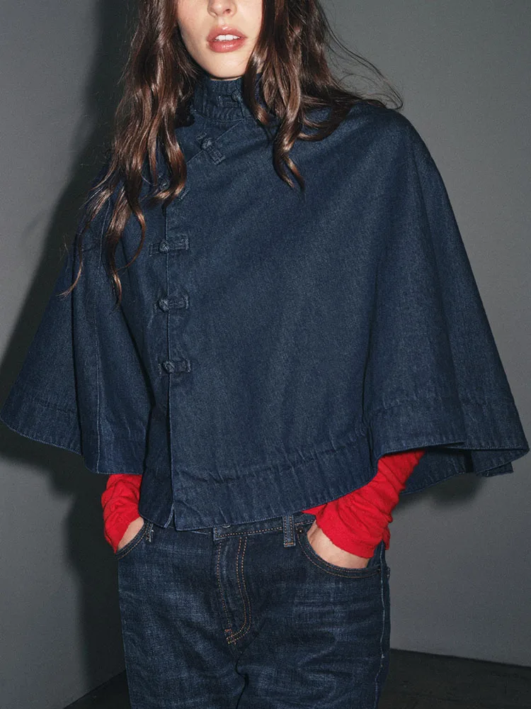 

Women's Casual High Collar Loose Denim Coat Winter New Faion Knot Decorated Cowl Ne Long Sve Stand Fit Outerwear