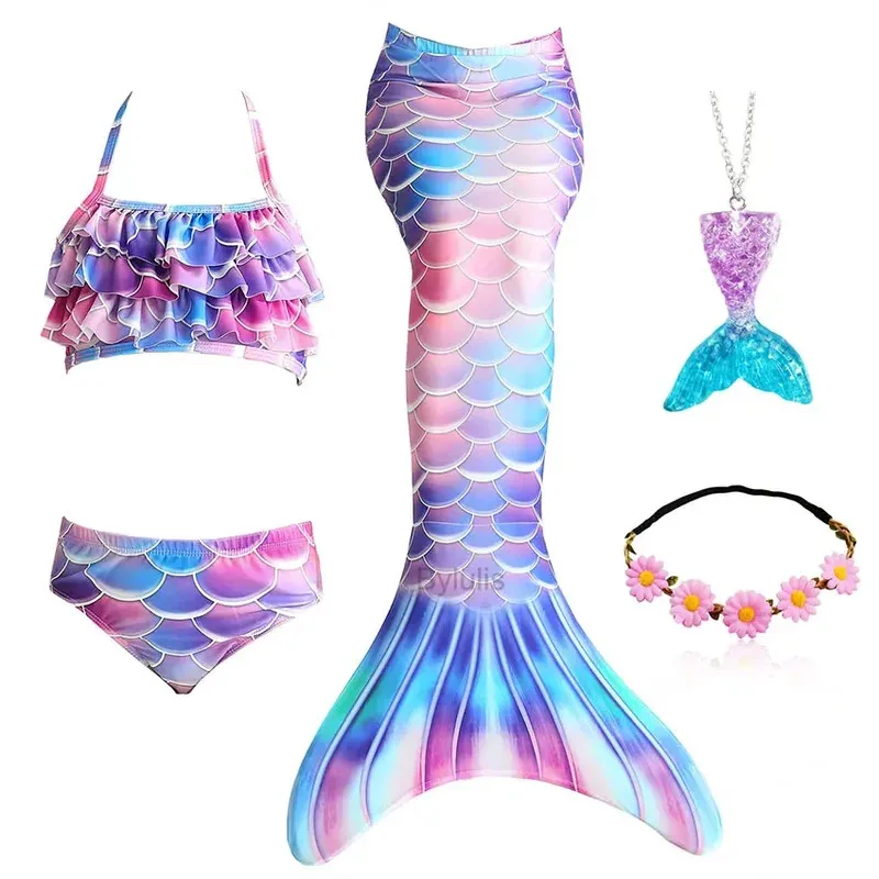 Mermaid Tail Swimsuit Costumes for Girls Swimming Kids Little Mermaid Costume Cosplay Children's Beach Clothes Can Add with Fin