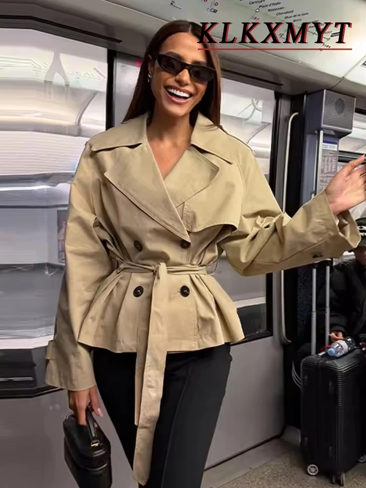 Lace Up Trench Coat With Belt Suit Collar Waist Cinched Slimming Drop Shoulder Short Windbreaker Jacket Retro Casual Outwear