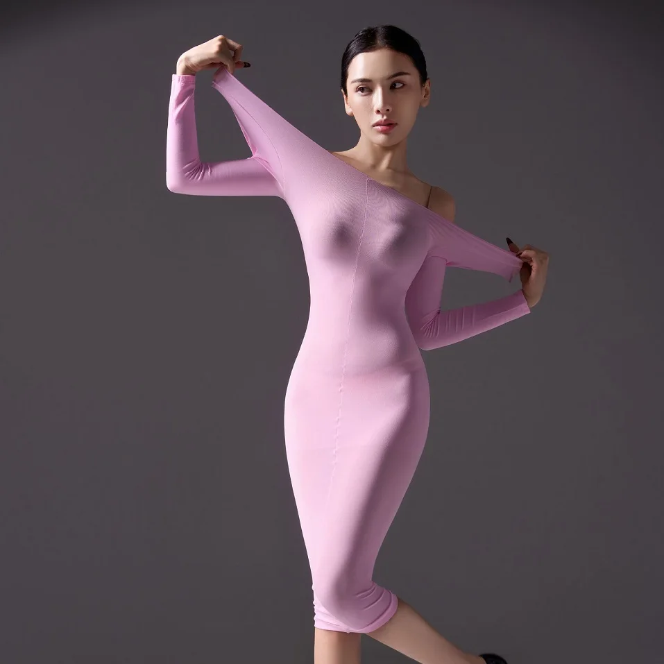 High Elastic Autumn Winter Goose Down Dresses Womens Mask Cover Head Sexy Long Sleeved Dress Erotic Nightclub DJ Cos Wear Dress