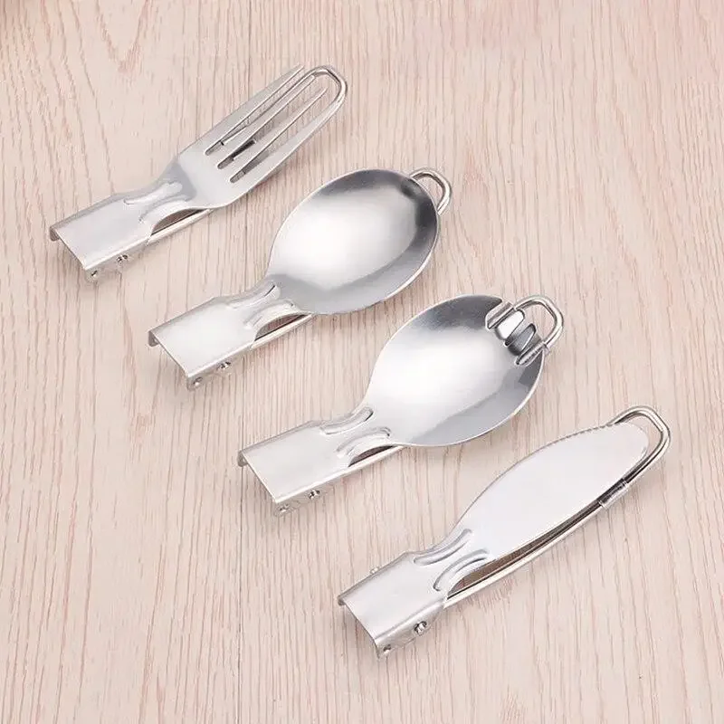 Falten Gabel Löffel Edelstahl Silber Faltbare Kochgeschirr Tragbare Camping Outdoor Utensil Mehrzweck Essstäbchen