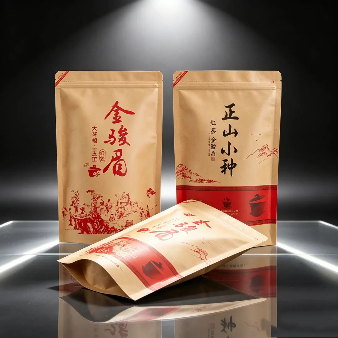Classic Famous Tea Bag Golden Junmei Tea Zipper Bags Da Hung Pao Blacktea Bag Lapsang Souchong Kraft Paper Sealing Packing Bag