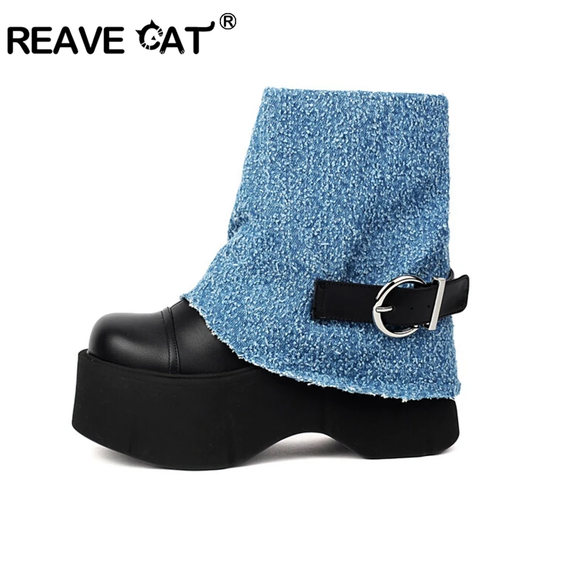 

REAVE CAT 2024 Дизайнерские ботинки на танкетке 9 см, высокая платформа 5,5 см, круглый носок, ботильоны, большой размер 41 42 43 Черный Белый