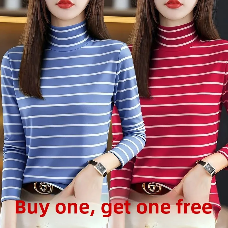 Loose Long Sleeve T-Shirt Women's Casual Striped Mommy Style Top Half High Collar Comfortable Soft Anti-Wrinkle Wear Resistant