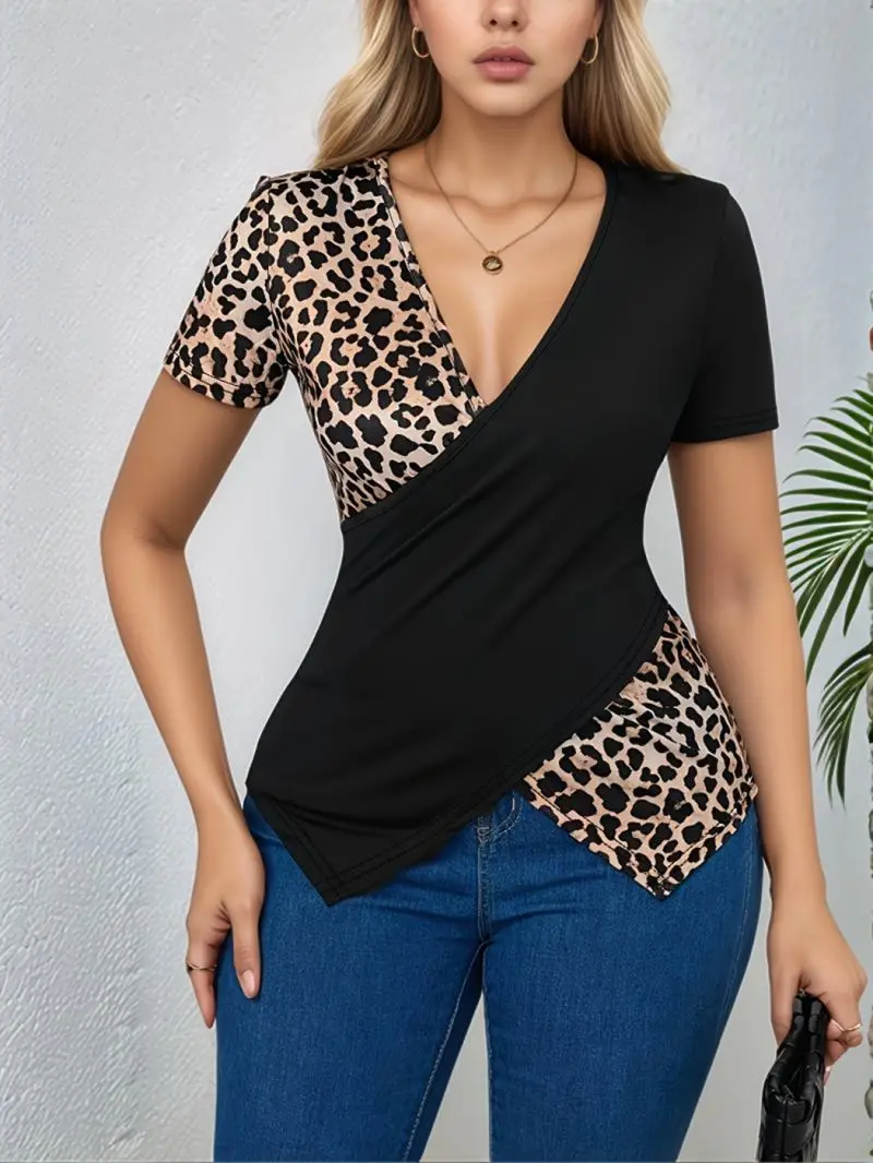 Women's Slim Fit V-neck Cross Short Sleeve Top with Irregular Hem Slimming Temperament Casual Fashion Upperwear