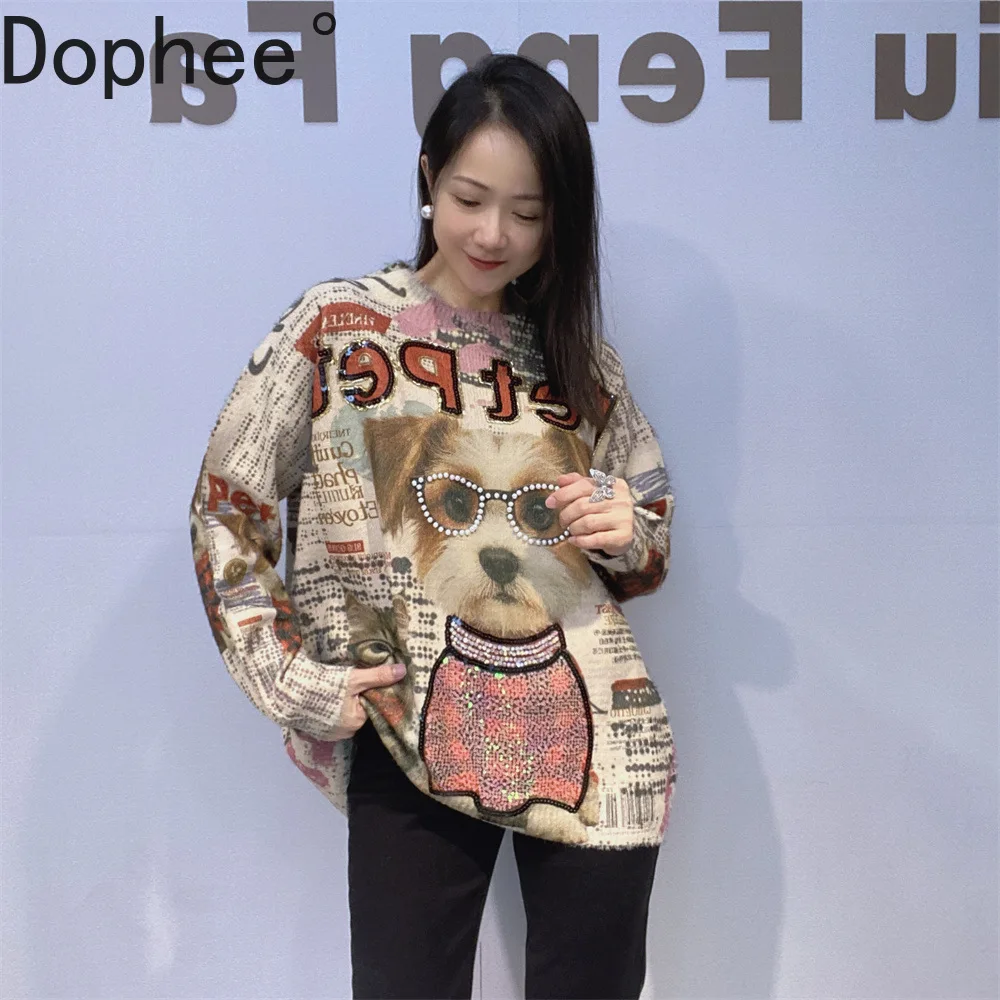 

Fashion Autumn Winter Beads Sequins Printed Women Sweaters Round Neck Oversize Pullover Top Long Sleeve Knitted Basic Shirt