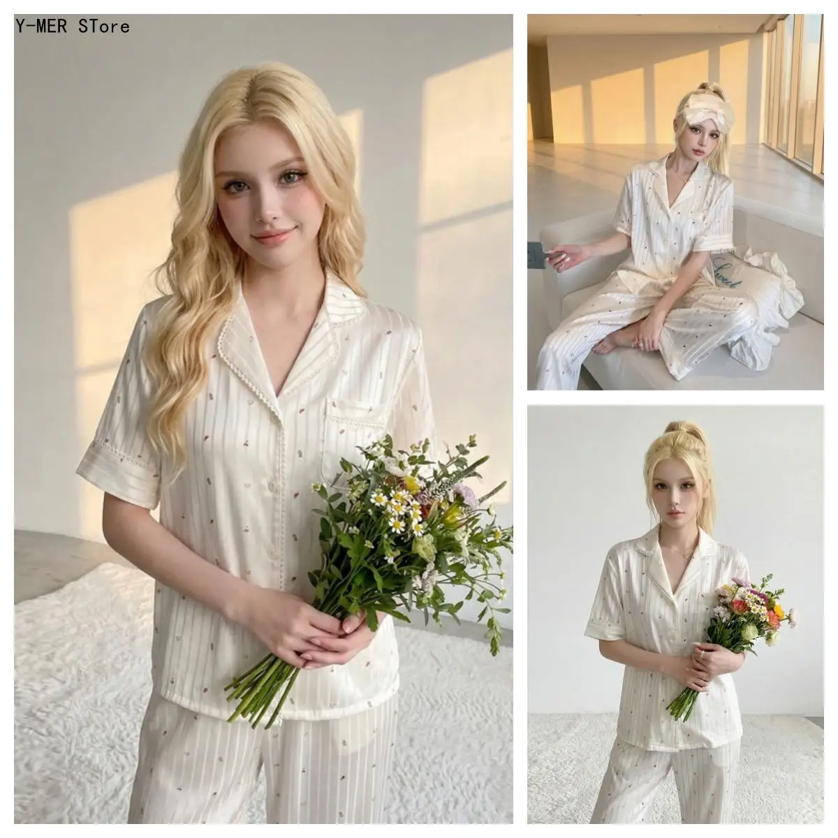 Women's Summer Ice Silk Pajama Set, Fruit Printed Hollow Breathable Casual Wear, Short Sleeved Top with Long Pants