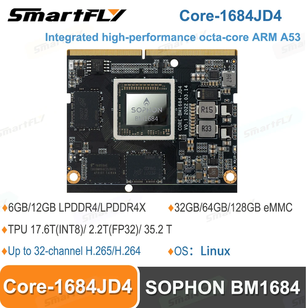 Smartfly Core-1684JD4 AI Core board SOPHON BM1684 Octa-core A53 Large Memory and High Computing Power 6GB/12GB LPDDR4/LPDDR4X