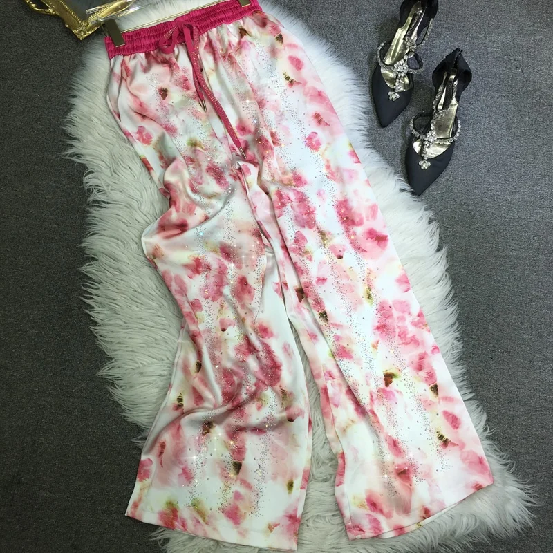 

European Hot Diamond Trousers, Women's Silky Slippery Satin Cool Straight Pants, Versatile Printed Elastic Waist Pants for Women