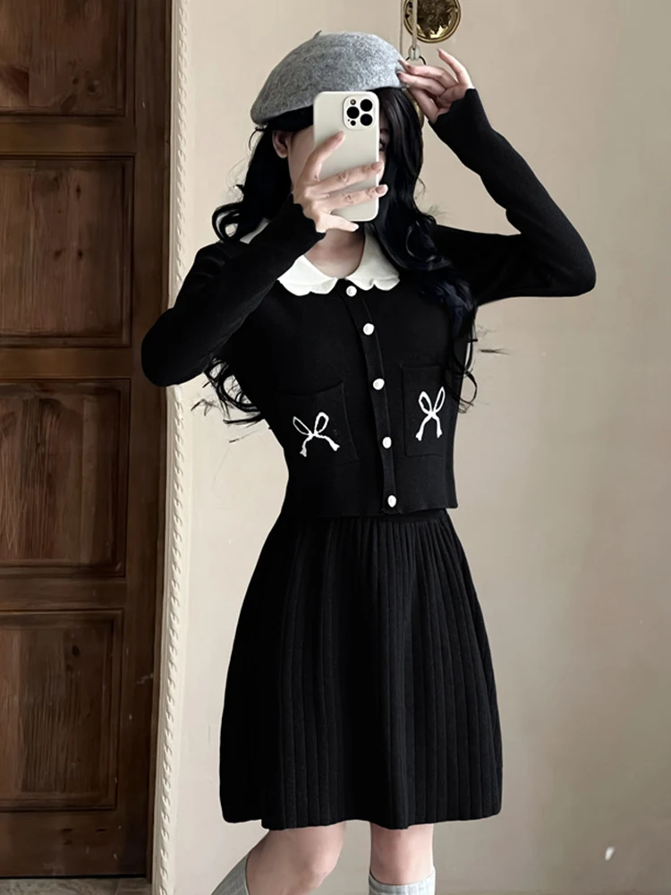 Женская одежда Sweet Kawaii Трикотажные комплекты из двух предметов Женские однобортные топы Свитер Пальто Куртка Короткая плиссированная юбка Комплекты