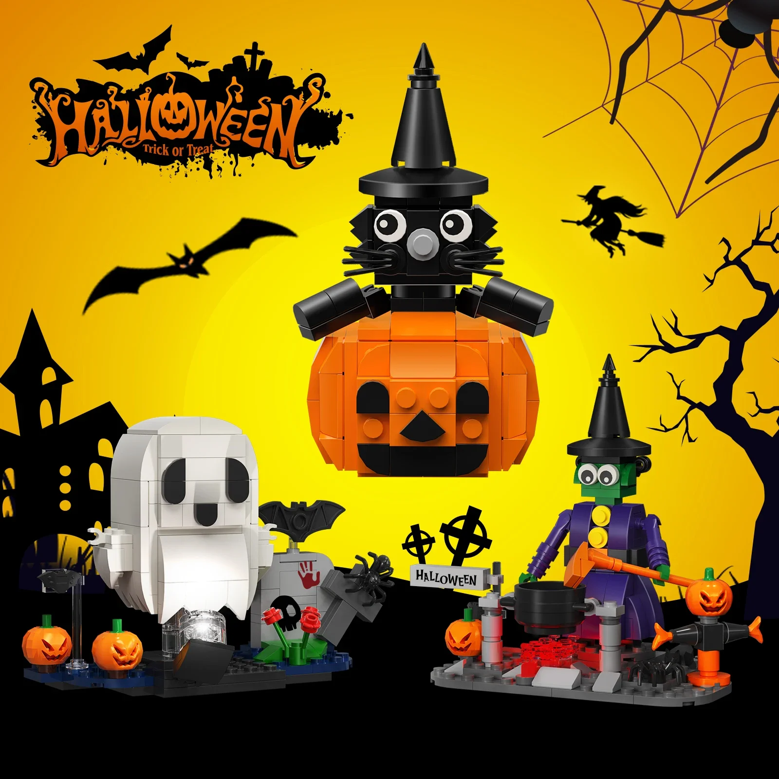 MOC Halloween Pendant Building Blocks Set Pumpkin Ghost Trick Bricks Atmosphere Hanging Decorations Toy Children Halloween Gifts