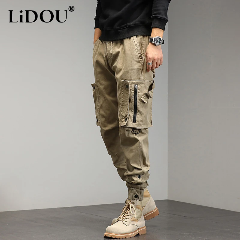 

Spring Autumn New Solid Color Fashion Elastic Waist Pencil Pants Man High Street Pockets Zipper Street Y2K All-match Trousers