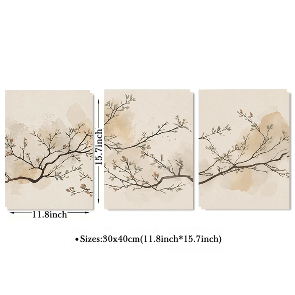 Set of 3 Neutral Watercolor Branch Canvas Wall Art Prints Unframed Minimalist Botanical Bedroom Living Room Study Hallway Decor