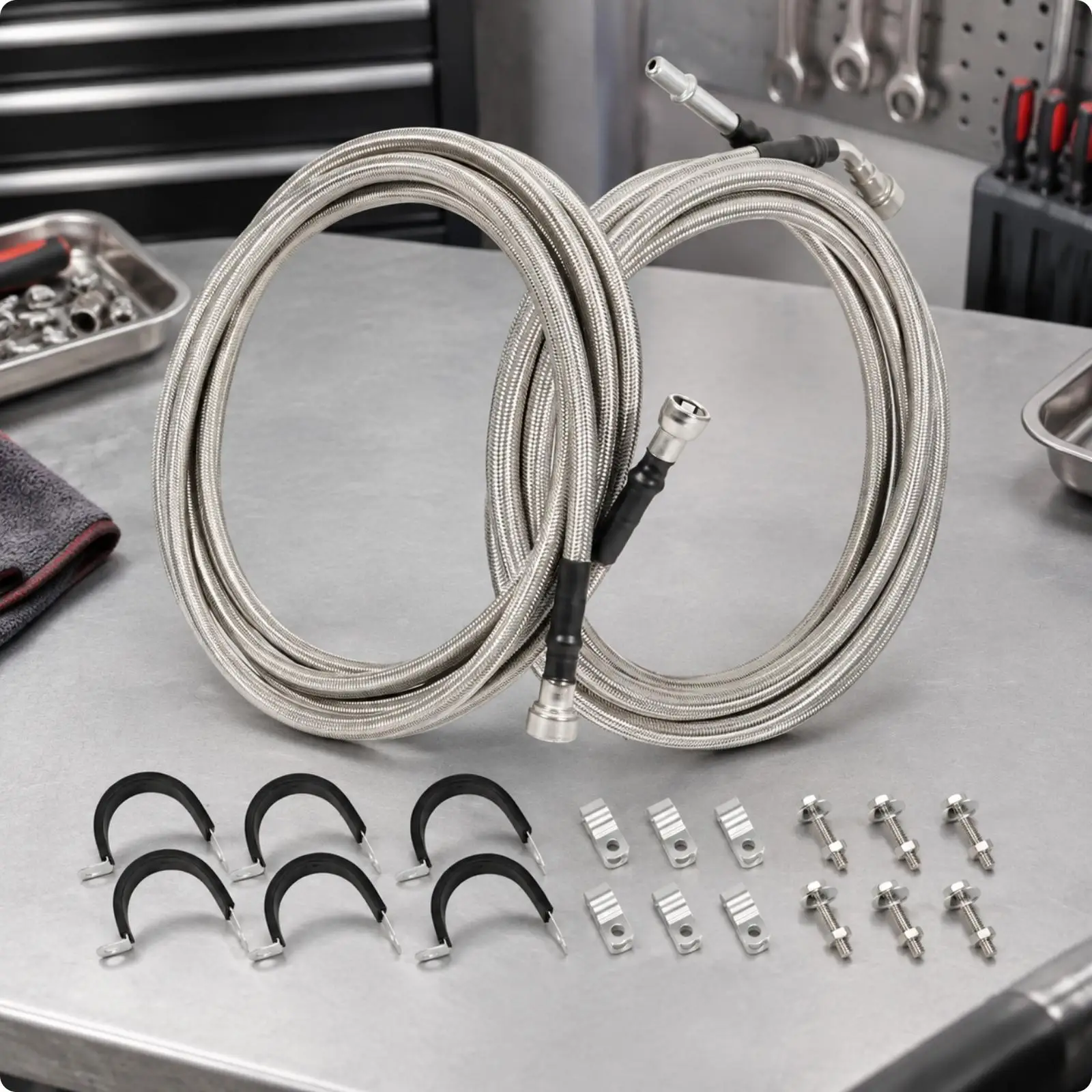 Steel Braided Petrol Tube Repair Kit with Hose Clamps and Brackets for DIY Fuel System Restoration on Applicable Cars