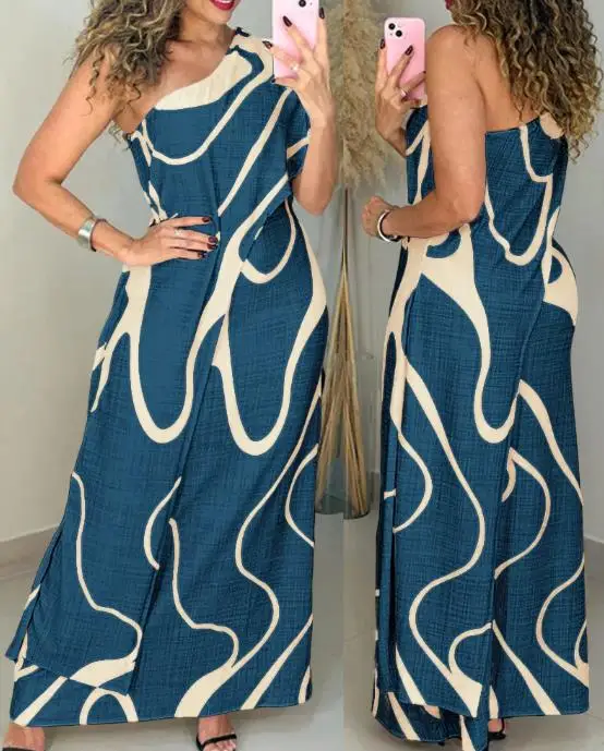 Vestido largo ajustado con un hombro y estampado abstracto para mujer, ropa de mujer, nuevo estilo, informal, de imitación, con abertura de dos piezas