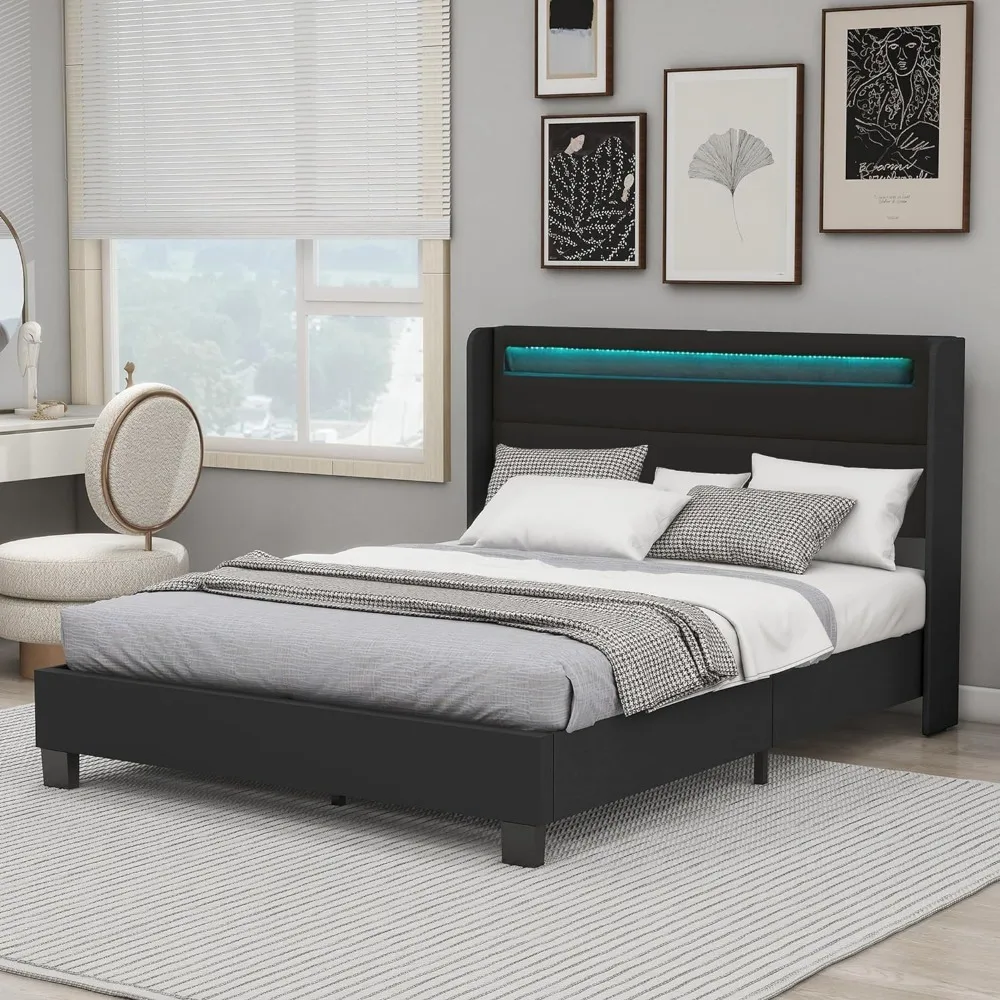 Alazyhome Queen Size Bed Frame with LED Lights and Linen Upholstered Headboard, Wooden Slats Support Platform Bed