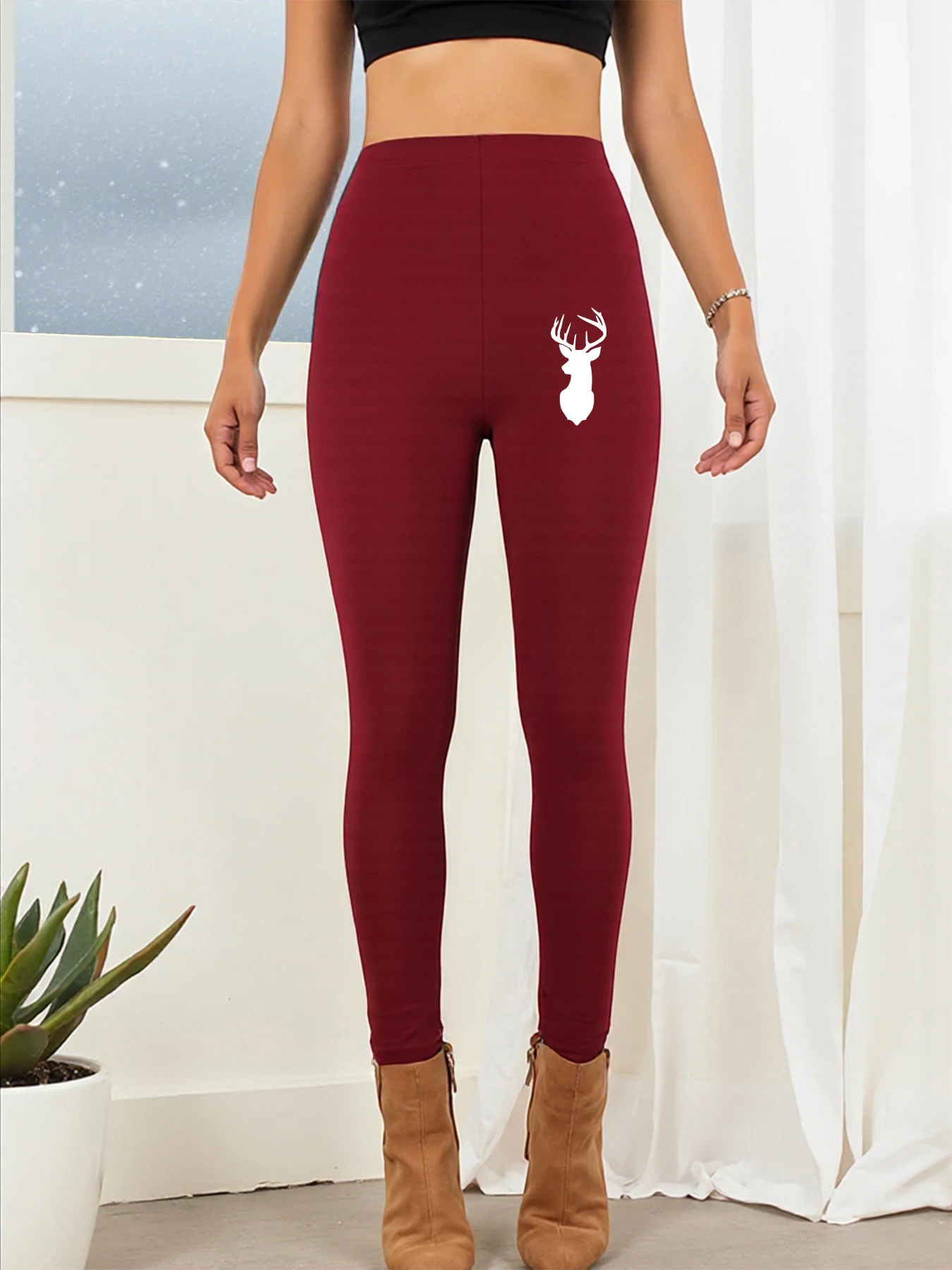 화이트 디어 프린팅 여성용 긴 바지 편안한 고탄력 레깅스 심플 피트니스 스타킹 따뜻한 트렌디 가을 의류