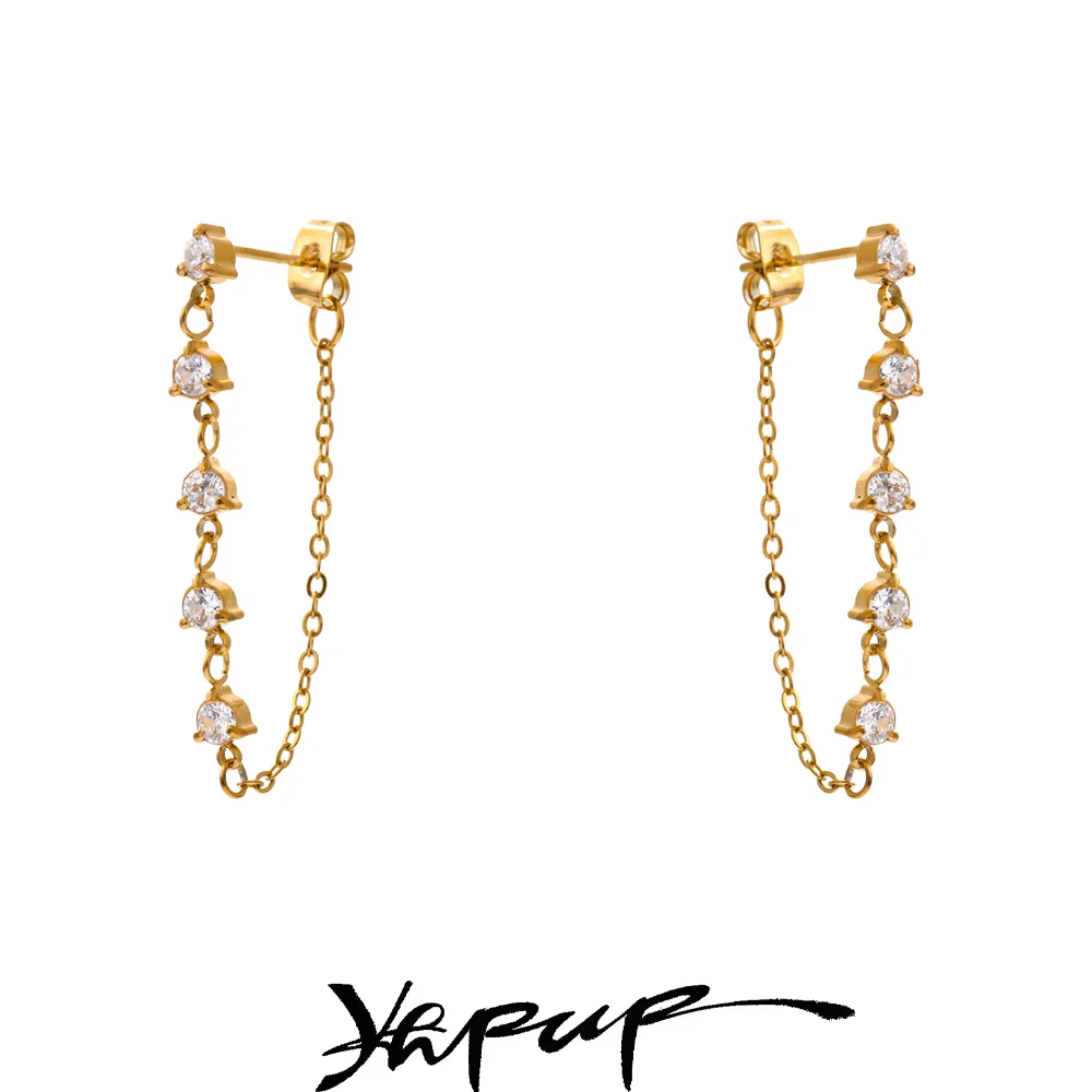 Yhpup New Green White Cubic Zirconia Chain Drop Earrings Gold Color Stainless Steel PVD Plated Chic Fashion Jewelry