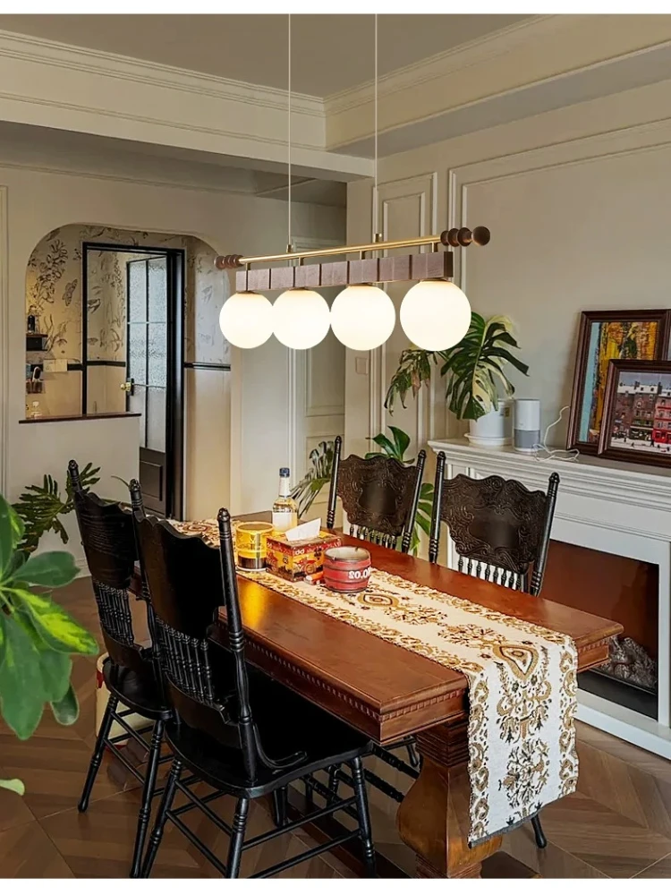 Mid ancient style restaurant chandelier, white wax wood, French retro tea room, bar counter, dining table, straight strip lamp