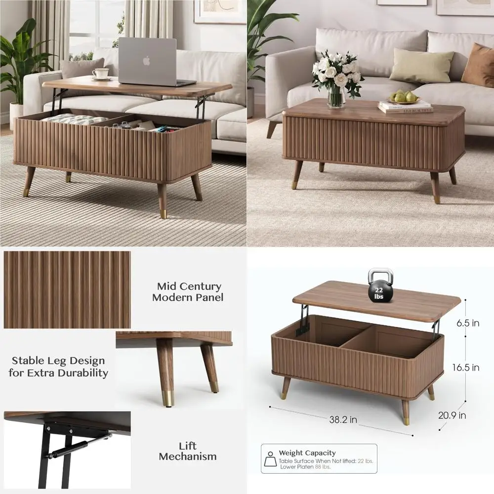 

Mid Century Modern Fluted Wood Rectangle Coffee Table with Storage for Living Room and Home Office