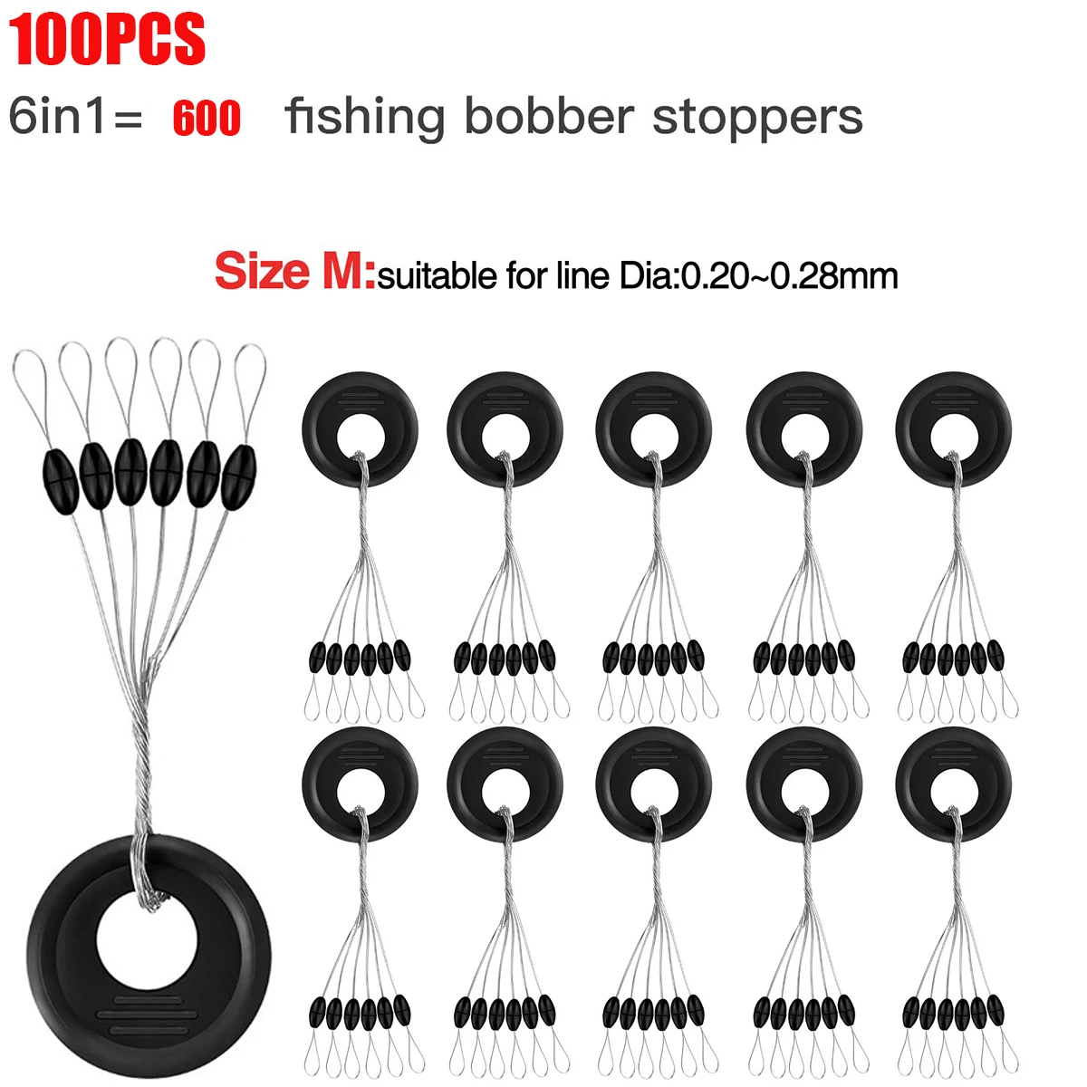 Angel-Bobber-Stopper aus Gummi, 6-in-1-Schwimmer-Sinker-Stopps, schwarzer ovaler Zylinder, L M S-Schwimmer-Stopp verfügbar