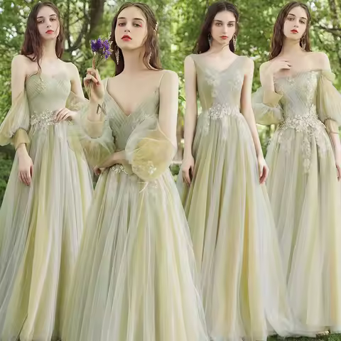 Green Appliques Bridesmaid Dresses Exquisite Tulle Sleeveless Women Evening Dress Elegant Off Shoulder Birthday Party Gowns