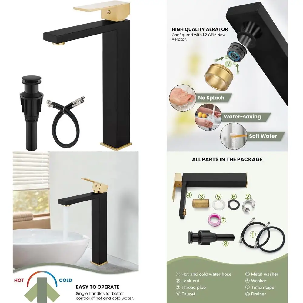 

Modern Matte Black & Brushed Gold Single Handle Tall Bathroom Vessel Sink Faucet with Hose & Pop-up Drain, No Overflow