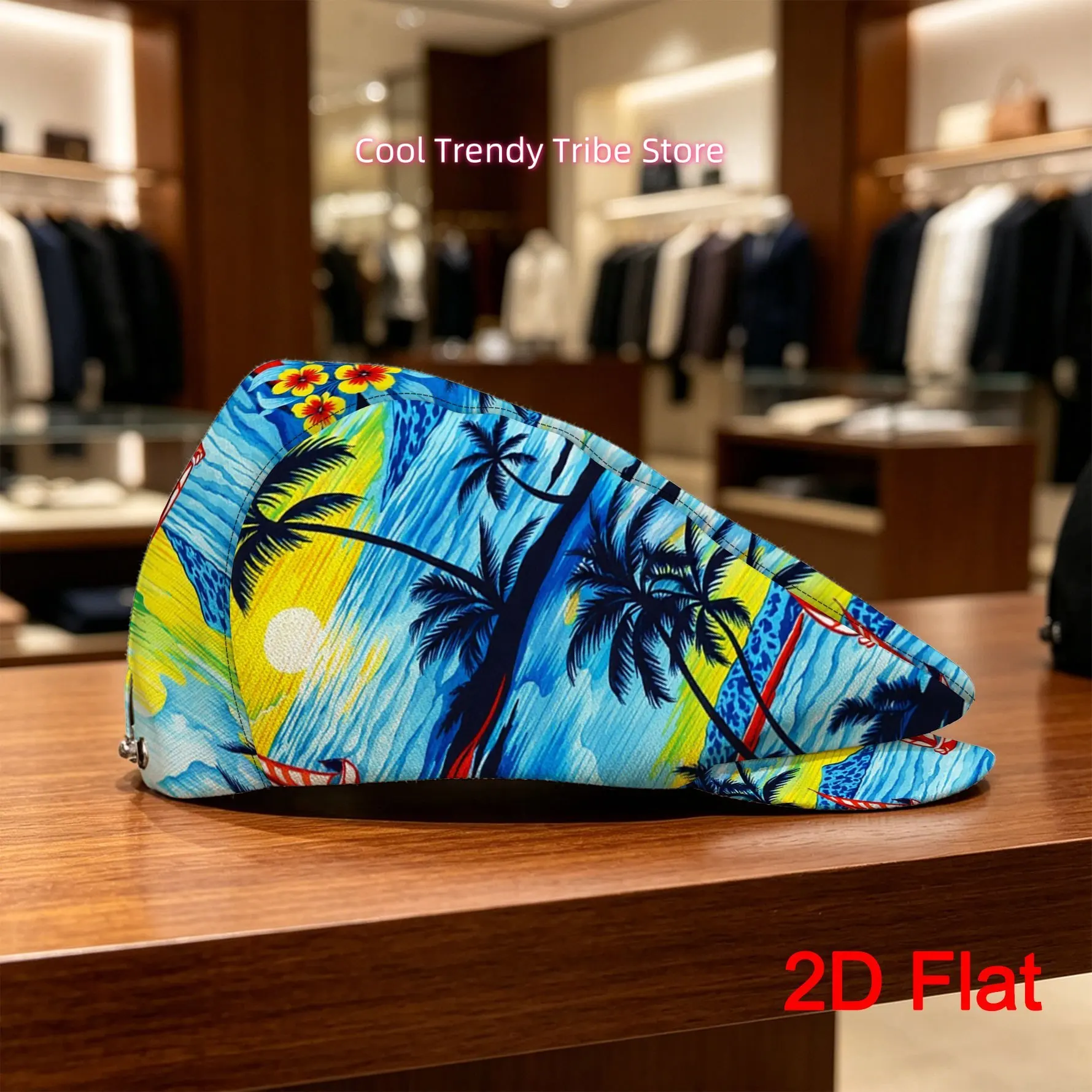 1pc 2D Flat with Tropical Sailboat Paradise Scene Print Vintage Gentleman'S Hat Painter'S Hat Men Beret Hat Flat-Top Hats Easy