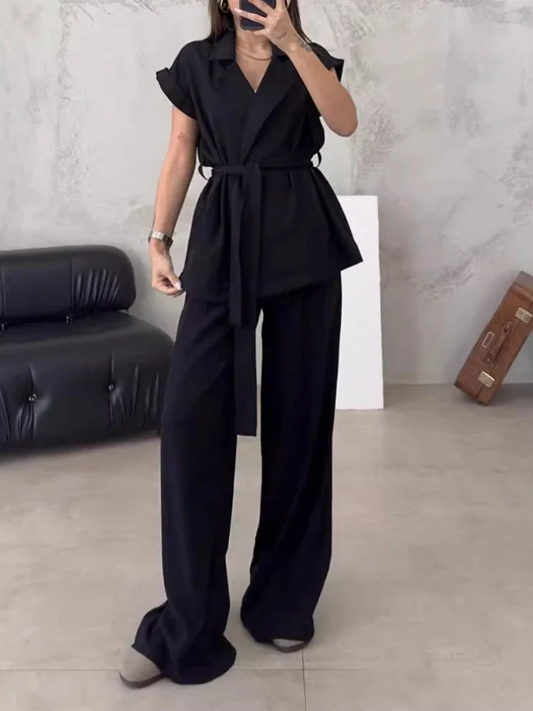 Spring Summer Office Lady Fashion Elegance Solid Color Turn Down Collar Belt Sleeveless Vest+High Waist Wide Leg Long Pants