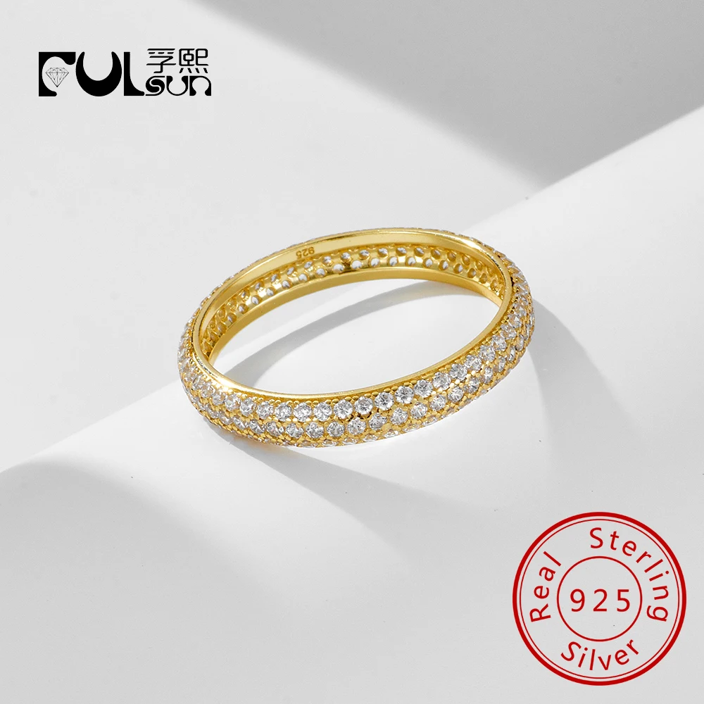 

Sparkling 925 Sterling Silver 14k Gold plated Three Rows Full Drill Zircon Rings for women