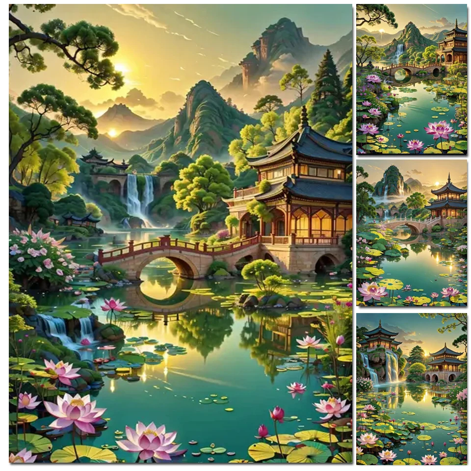 Full Drill Handmade DIY Lotus Courtyard Landscape Diamond Painting Kit Cross Stitch Embroidery Diamond Mosaic Home Decoration