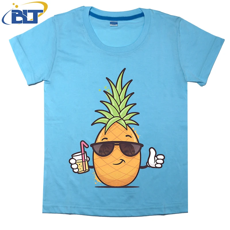 T-shirt de manga curta com estampa abacaxi para menino e menina, top casual de algodão, fresco, verão