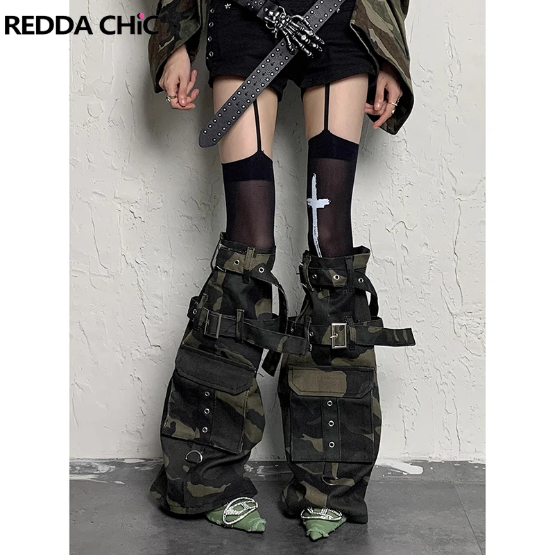 

ReddaChic джинсовые камуфляжные гетры винтажные потертые карго с карманами ремни до колена сапоги чехол Harajuku женская уличная одежда