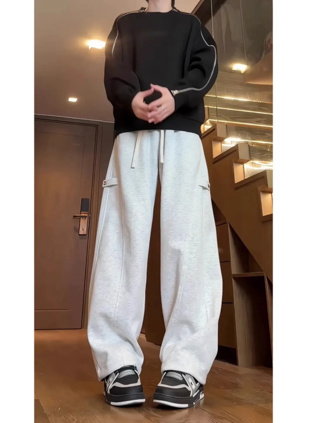 

American Sle Workwear Pants Men's Autumn Straight Leg Wide Leg Sports Trousers Slanted Cut Knife White ey Casual Pants