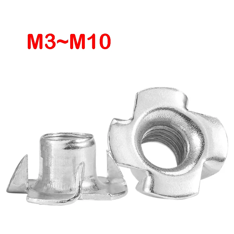 10Pcs Carbon Steel Zinc Plated Four Claws Nut M3 M4 M5 M6 M8 M10 Blind Pronged Insert T-Nut for Wood Furniture Hardware