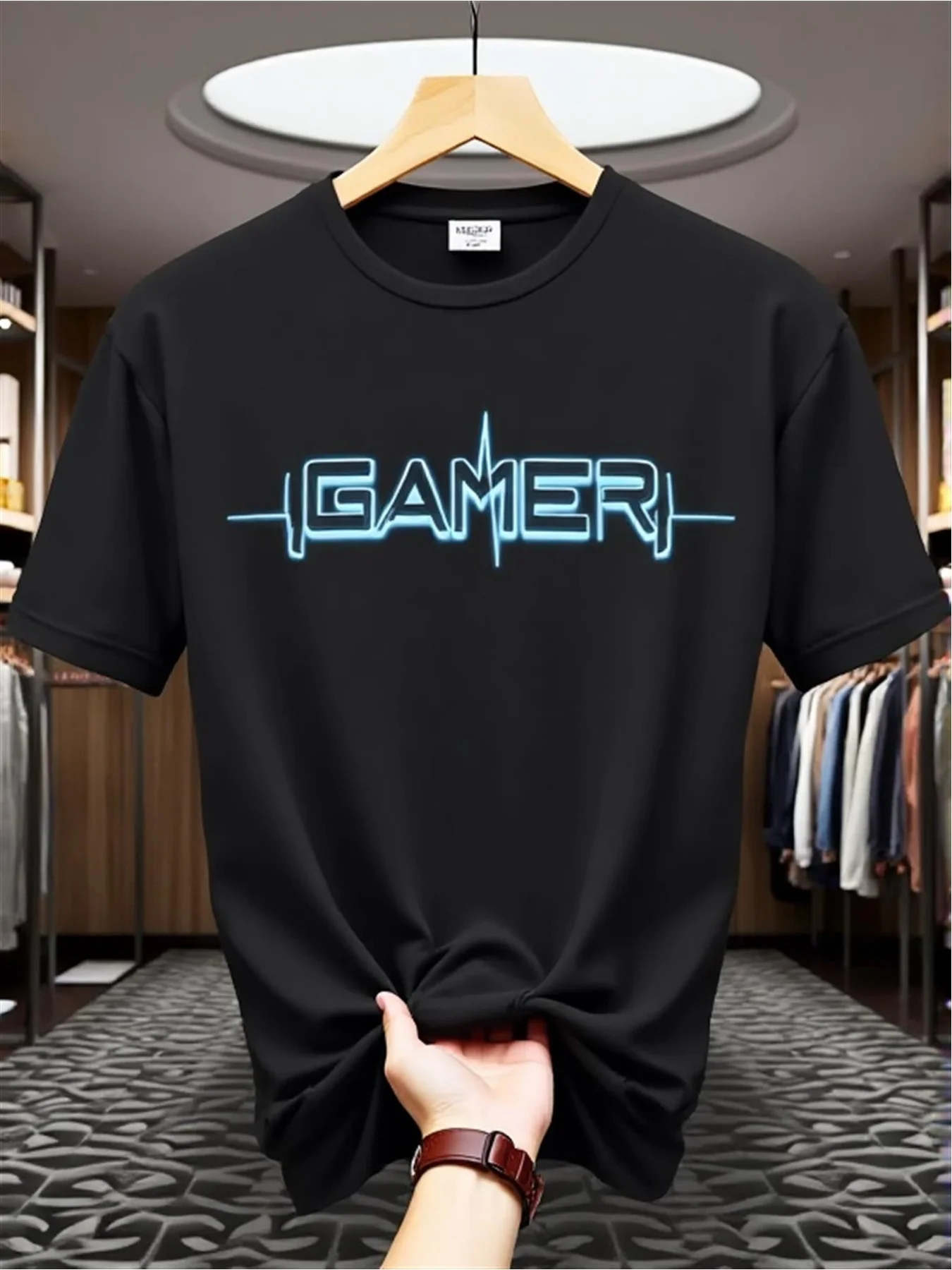 Men's Breathable Gaming T-Shirt, with Eye-Catching Gamer Print and Ekg Heartbeat Line Design, Black and Blue Casual Round-Neck Short-Sleeve T-Shirt, Regular Fit, Suitable for Pc Computer Games, Laptop Gaming, Outdoor Activities, and a Stylish Casual T-Shirt for Adults Suitable for All Seasons