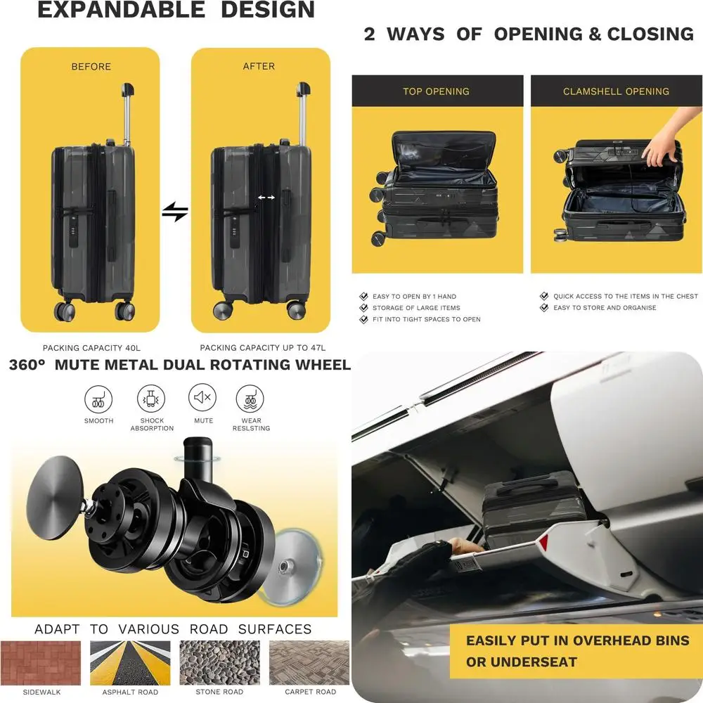 

Expandable Top Opening Carry-On Luggage, Airline Approved, TSA Compliant, Lightweight Hard Shell Suitcase, Black