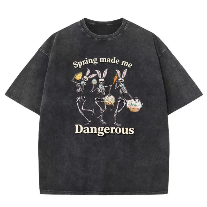 Trendy Spring Made Me Dangerous T Shirt Women Washed Cotton Skeleton Graphic Tee Retro Aesthetic Harajuku Streetwear New Top