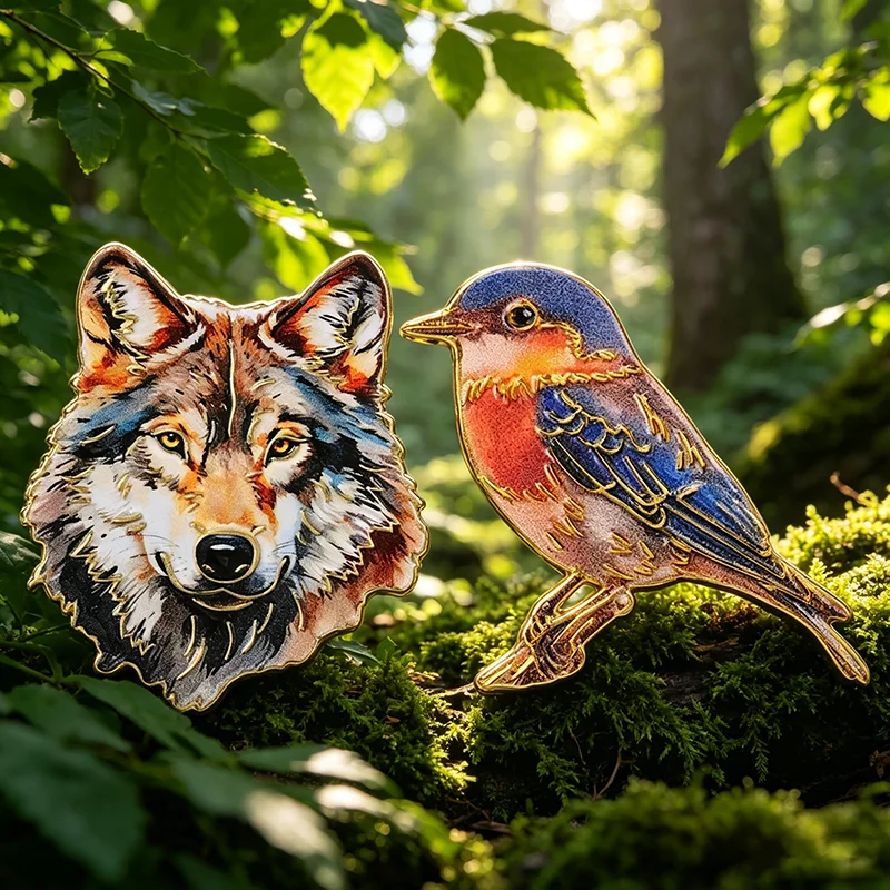 Wild Animal Badge Wolf Head Bluebird UV Pringting Pins Forest Bird Brooches Wildlife Accessories Gift for Nature Enthusiasts