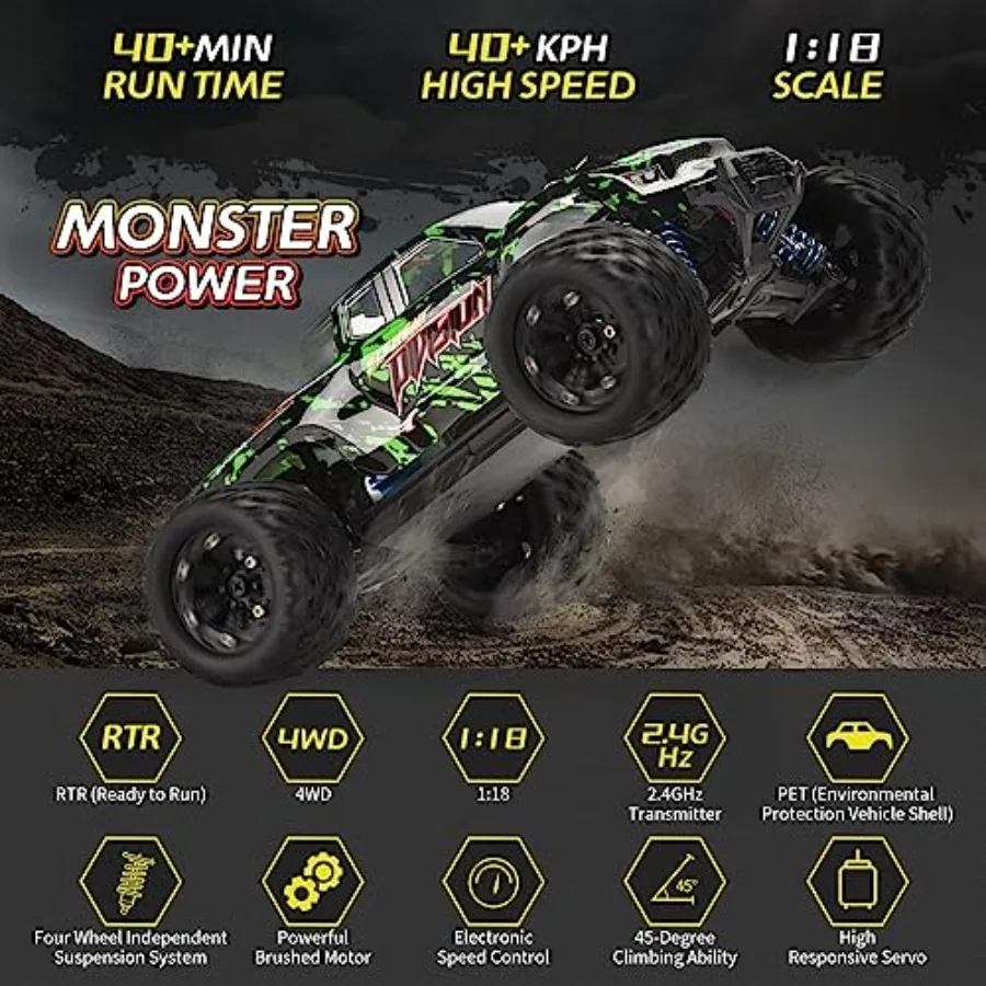 

1:18 Scale All Terrain RC Cars 40KPH High Speed 4WD Remote Control Car with 2 Rechargeable Batteries 4X4 Off RC Trucks