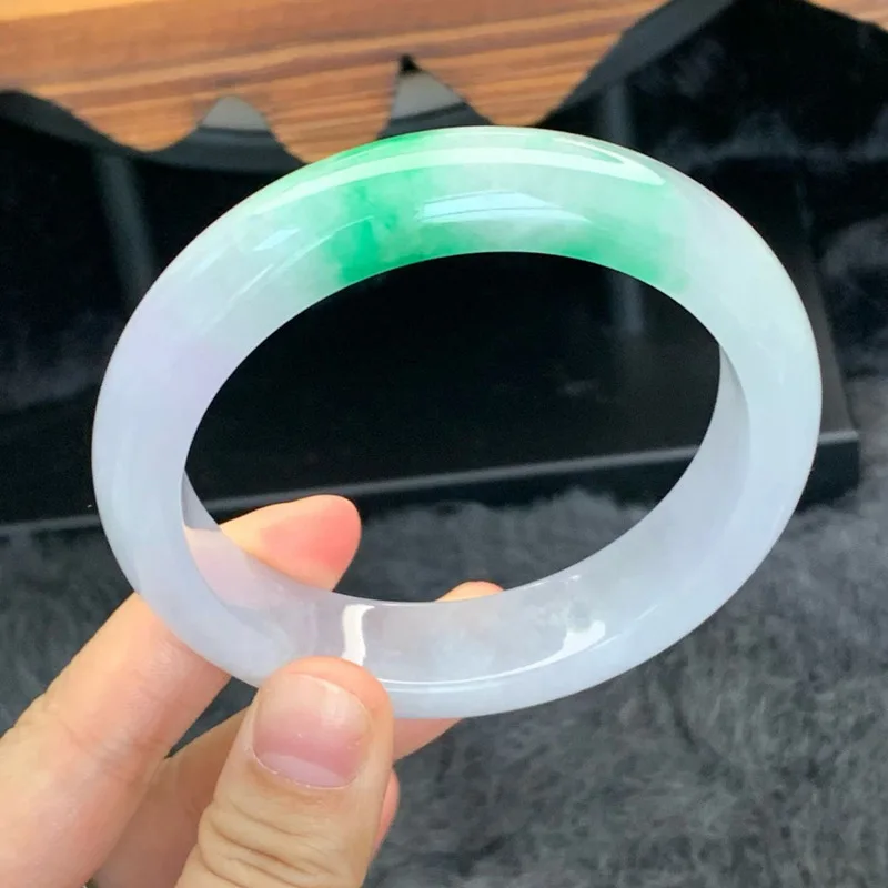 Myanmar natural large size with floral patterns, bright green, icy and waxy texture, processed jadeite bracelet