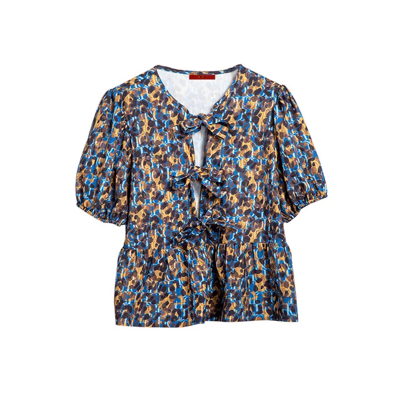 Multicolor Women's Shirts Casual Shirt Mini Top Lace-Up Hollowing Out Waist Slimming Fashion Office Ladies Short Sleeved Blouses