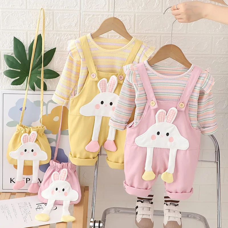 

Baby Girls Clothing Sets Children Stripe T Shirt Overalls 2 Pieces Suits Cartoon Infant Clothes Outfits Kids Casual Sportswear