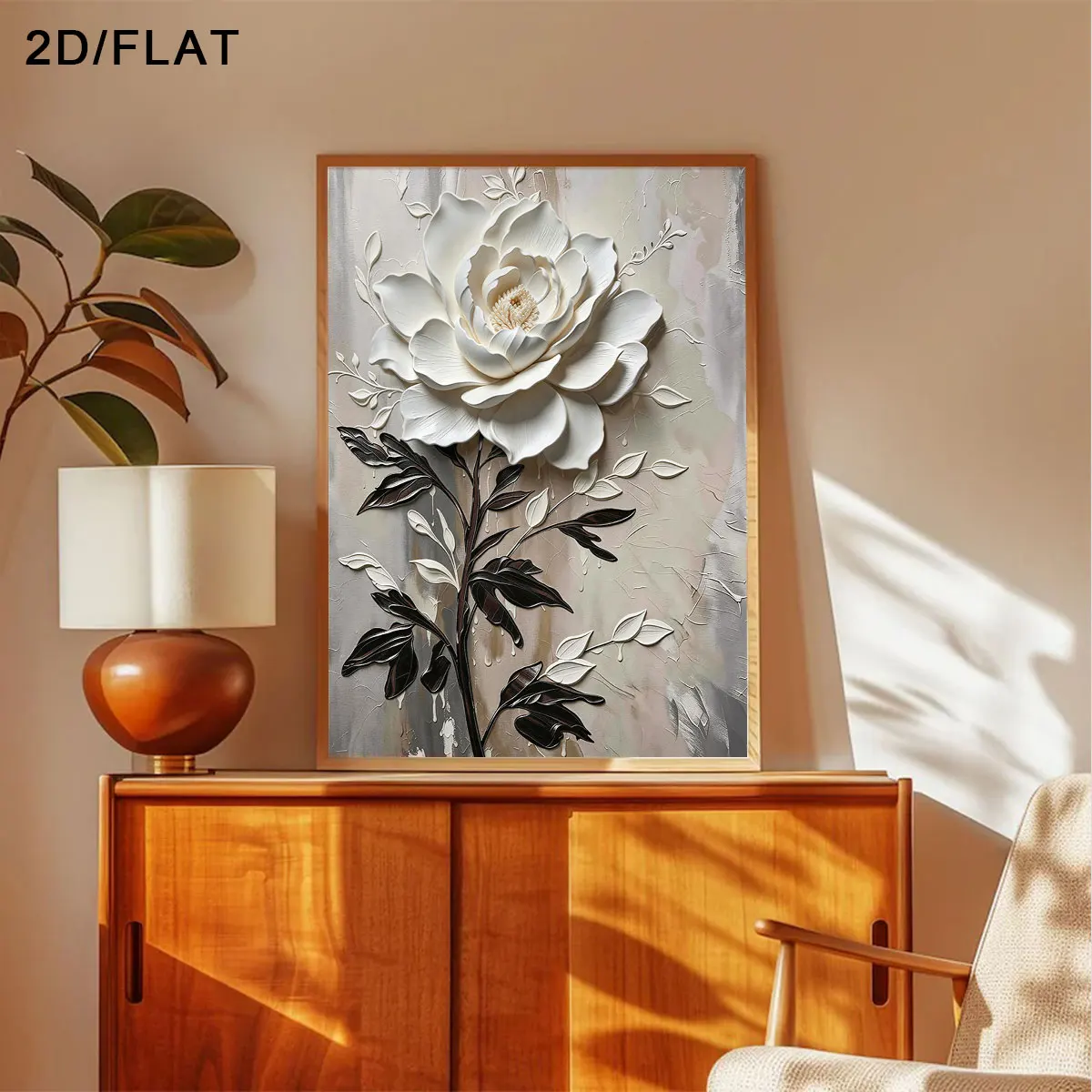 2D/Flat Large Modern Abstract White Peony Flower - Frameless Neutral Canvas Prints for Living Room and Bedroom Decorations Gifts