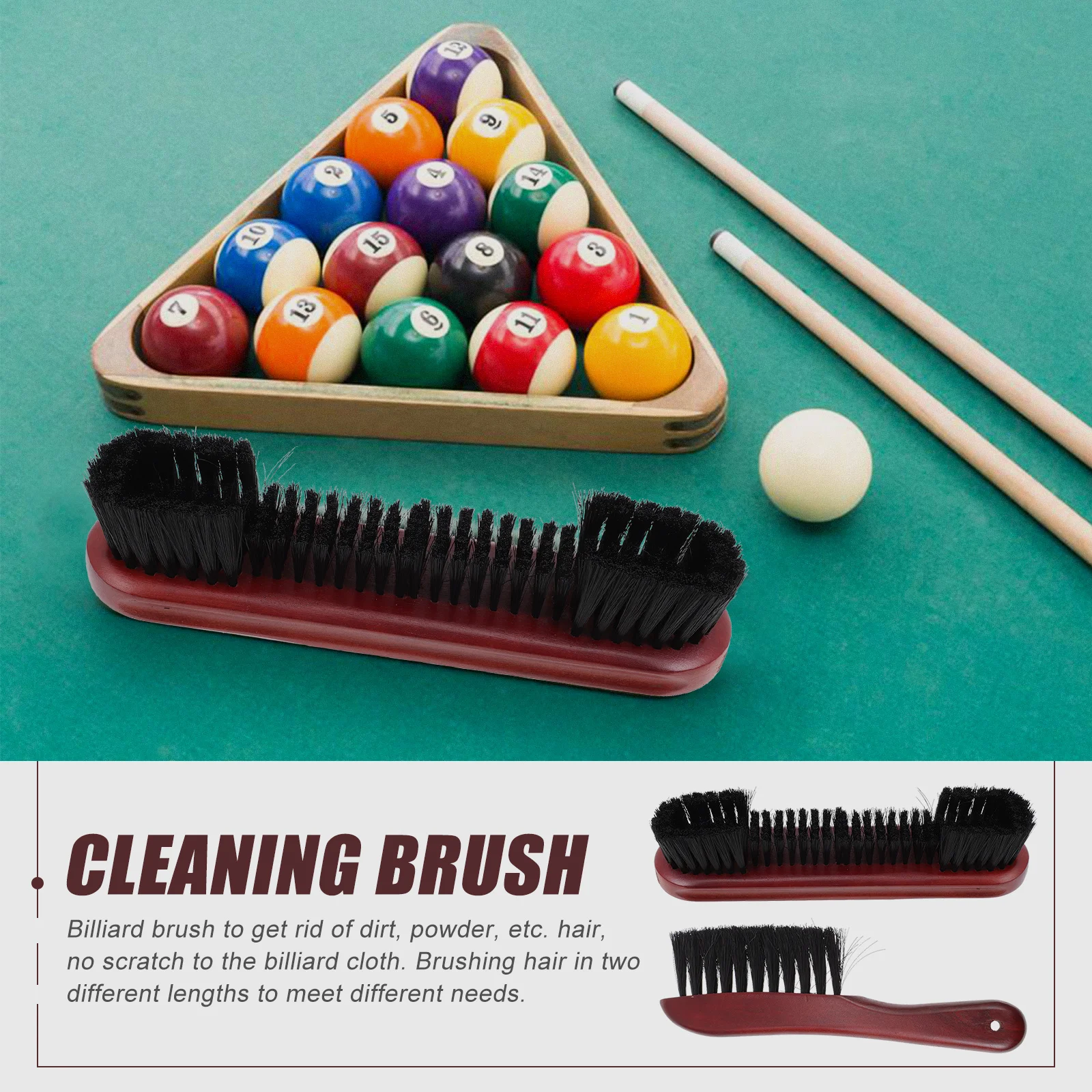 

2Pcs Wood Handle Billiard Brush Set Dual Length Bristles for Full Table Clean Horseshoe Edge Design Scratch Free Pool Table