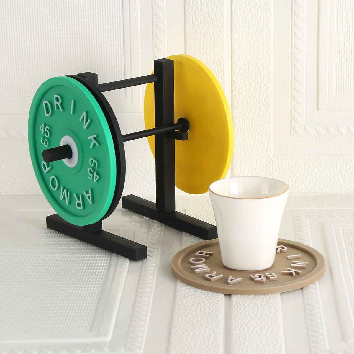 Kreatives Hantel-förmiges Untersetzer-Set |   Desktop-Aufbewahrung im Fitness-Stil, Mini-Ständer mit bunten Untersetzern „Barbell Plate“.